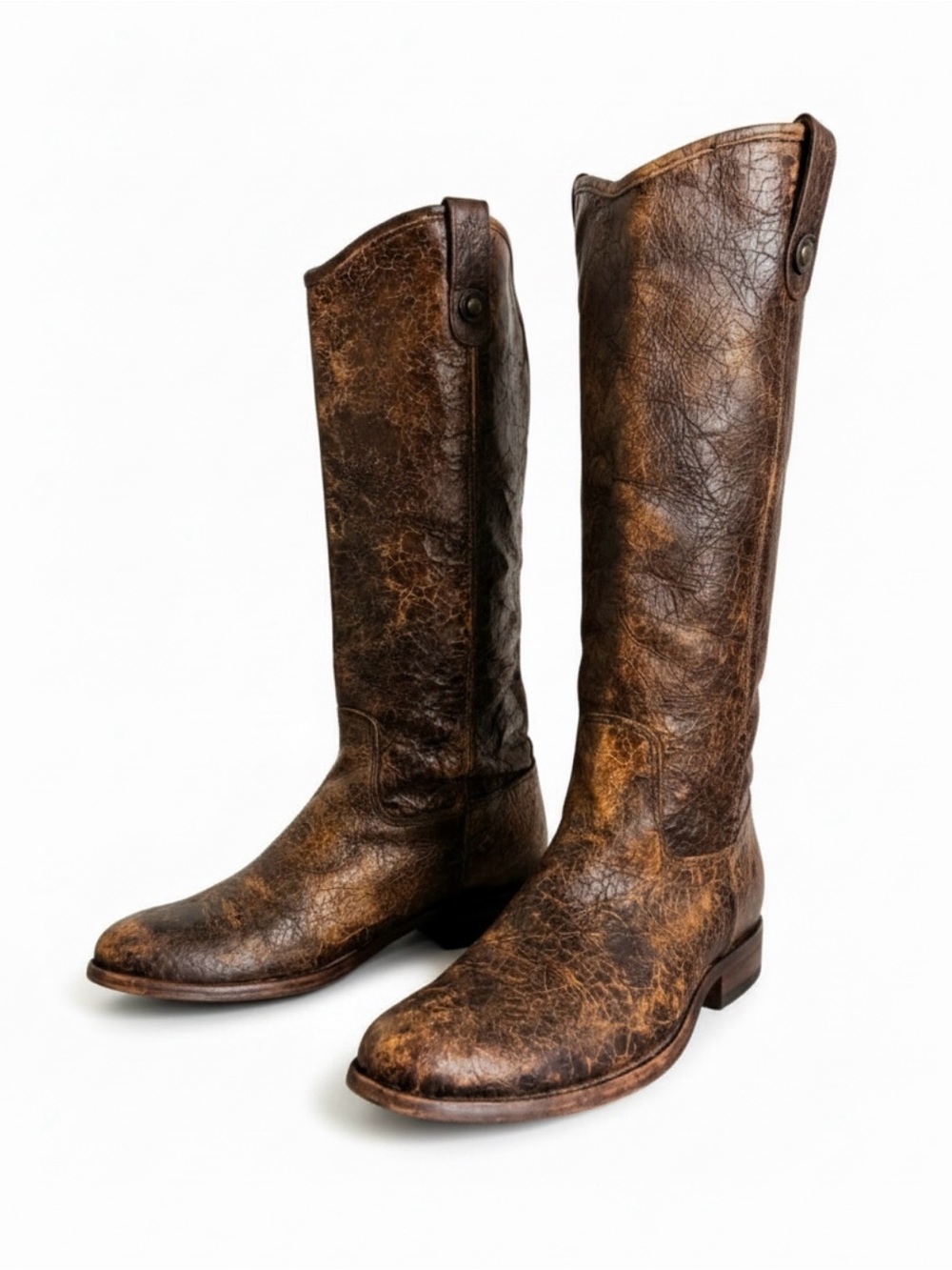 Frye Melissa Button Tall Riding Boots Distressed Cognac Brown Leather Size 7.5